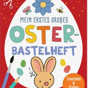 Auf rotem Hintergrund befindet sich ein großes, ovales, weißes Element, das ein Osterei symbolisiert. In bunten Buchstaben steht der Titel „Mein erstes grobes OSTER-Bastelheft“. Die Typografie wirkt verspielt mit geometrischen Formen, darunter ein niedlicher Hase und bunte Ostereier. Oben sind eine Blume und Insekten abgebildet. Rechts unten ist ein orangener Button mit dem Text „Schneiden & Kleben“. Ganz unten mittig steht der Logoschriftzug von arsEdition.