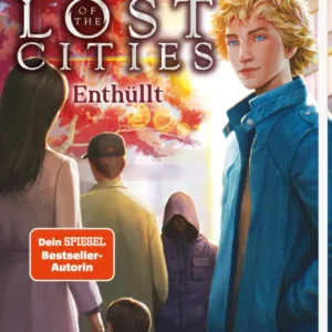 Das Buchcover zeigt fünf Figuren in einer urbanen Umgebung. Die zentrale Figur, ein junger Mann mit blonden lockigen Haaren, trägt eine blaue Jacke und blickt direkt hinaus. Um ihn herum stehen drei weitere Personen in dunklerer Kleidung, deren Gesichter teilweise verdeckt sind. Im Hintergrund leuchten rote und orange-gelbe Blätter eines Baumes, was eine herbstliche Atmosphäre schafft. Der Titel „KEEPER OF THE LOST CITIES“ steht in großen, auffälligen Buchstaben oben, gefolgt von...