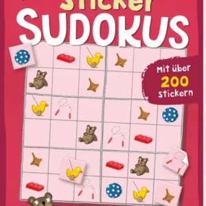 Das Buchcover zeigt einen pinken Hintergrund und große weiße Buchstaben, die den Titel „Meine Sticker Sudokus“ hervorheben. Oben links schwingt eine Biene umher, während ein süßer Bär unten auf dem Cover sitzt. In der Mitte ist ein Sudoku-Raster abgebildet, gefüllt mit bunten Stickern wie Vögeln und roten Spielzeugstücken. Ein rotes, rundes Banner hebt hervor „Mit über 200 Stickern“. Ganz unten mittig steht der Logoschriftzug von arsEdition.