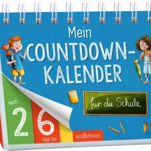 Es handelt sich bei dem Produkt um einen Aufsteller mit Spiralbildung oben. Das Cover ist hellblau und oben mittig steht in großer, weißer Schrift „Mein COUNTDOWN-KALENDER“. Etwas darunter auf einer illustrierten Schultafel steht „für die Schule“. Links und rechts vom Titel stehen ein Junge und ein Mädchen mit Schultüten und Schulranzen. Unten links zeigt ein rot-grünes Kästchen „Noch 26 Tage bis“. Ganz unten mittig steht der Logoschriftzug von arsEdition.