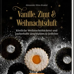 Das Buchcover zeigt auf schwarzem Hintergrund mehrere dekorative Weihnachtsplätzchen, die von Puderzucker eingerahmt sind. Der Titel „Vanille, Zimt & Weihnachtsduft“ leuchtet in eleganter goldener Schrift, ergänzt durch verspielte Elemente. Darunter steht der Untertitel „Köstliche Weihnachtsbäckerei und zauberhafte Geschichten & Gedichte“. In der oberen rechten Ecke ist der Urheber Alexander Höss-Knakal aufgeführt. Ganz unten mittig steht der Logoschriftzug von arsEdition.
