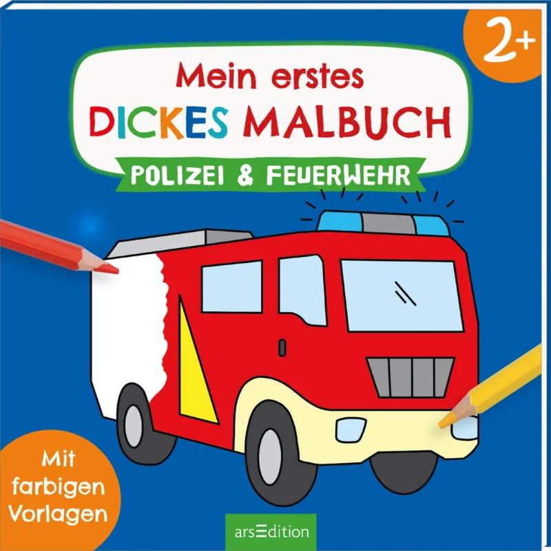 Das Buchcover zeigt ein freundliches, leuchtend blaues Hintergrunddesign. Im Vordergrund steht ein rotes Feuerwehrfahrzeug mit großen Fenstern und einer klaren, einfachen Form. Über dem Fahrzeug prangt der Titel „Mein erstes DICKES MALBUCH“ in bunten, verspielten Buchstaben, gefolgt von „POLIZEI & FEUERWEHR“ in kleinerer Schrift. Der Hinweis „Mit farbigen Vorlagen“ ist in einem orangen Kreis platziert, außerdem noch die Altersangabe "2 +". Ganz unten mittig steht...