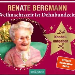 Das Buchcover zeigt eine fröhliche ältere Dame, Renate Bergmann, mit einer kurzen, weißen Frisur und einer Brille, die ein Glas in der Hand hält. Im Hintergrund ist eine weihnachtliche Dekoration zu sehen. Der Titel „Weihnachtszeit ist Dehnbundzeit!“ steht in fröhlichen, bunten Buchstaben. Rechts oben prangt ein großer, goldfarbener Stern mit dem Text „24 Knobelaufgaben“ und darunter der Hinweis „SPIEGEL Bestseller-Autor“. Ganz unten mittig steht der Logoschriftzug von...