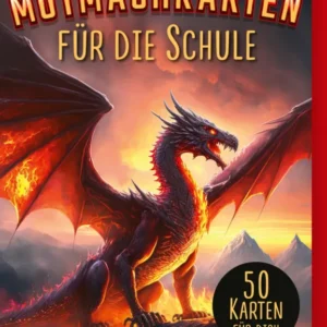 Das Buchcover zeigt einen majestätischen, rot-schwarzen Drachen, der vor einer dramatischen, feurigen Kulisse thront. Der Himmel ist in warmen Orange- und Rottönen gehalten, was eine spannende Atmosphäre erzeugt. Oben stehen die Worte „MUTMACHKARTEN“ in großen, kräftigen Buchstaben, gefolgt von „für die Schule“ in einer schlichteren Schrift. Unten befindet sich ein schwarzer Kreis mit dem Text „50 KARTEN FÜR DICH“. Ganz unten mittig steht der Logoschriftzug von arsEdition.