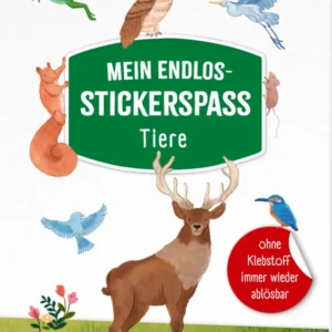 Das Buchcover zeigt eine fröhliche Tierwelt mit verschiedenen Illustrationen von Tieren, darunter ein Reh, Eulen und Vögel, die auf einer bunten Wiese platziert sind. Der Titel „MEIN ENDLOS-STICKERSPASS TIERE“ erscheint in großen, weißen Buchstaben auf grünem Grund. Ein roter Button weist auf „ohne Klebstoff immer wieder ablösbar“ hin. Die Farben sind lebhaft und erzeugen eine einladende Atmosphäre. Ganz unten mittig steht der Logoschriftzug von arsEdition.