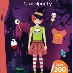 Das Buchcover zeigt ein farbenfrohes und fantasievolles Konzept mit der Illustration eines Mädchens in einem kostümierten Outfit. Sie trägt einen schwarzen Hexenhut und ein Shirt mit einem gruseligen Motiv. Der Hintergrund ist lila mit verschiedenen Halloween-Elementen wie einer Geister-, Torten- und Kürbissynergie. Oben steht der Titel „Sticker-Anziehpuppen“ und darunter „Gruselparty“ in verspielter Typografie. Ein oranger Button mit dem Text „über 200 Sticker“ ist in der...