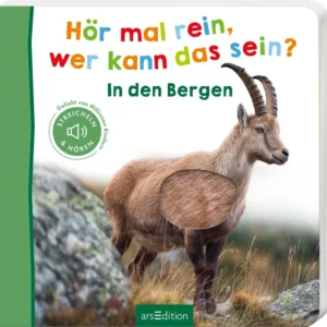 Das Buchcover zeigt einen Bergziegenbock auf einem felsigen Untergrund, umgeben von sanften grünen Tönen. Der Titel „Hör mal rein, wer kann das sein?“ ist in bunten, verspielten Buchstaben oberhalb des Tieres platziert, während der Untertitel „In den Bergen“ in einer klaren Schrift darunter steht. Ein grünes Symbol mit dem Text „STREICHELN & HÖREN“ ist in einer Ecke angebracht. Die Gesamtatmosphäre vermittelt Abenteuerlust und Freude am Entdecken. Ganz unten mittig steht...