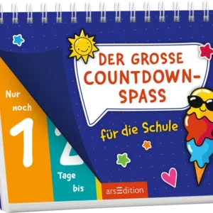 Cover eines aufstellbaren Kalenders vor dunkelblauem sternbesetztem Hintergrund. In einer weißen Sprechblase steht der Titel „DER GROSSE COUNTDOWN-SPASS“ in roter, fetter, abgerundeter Versalschrift, darunter die handschriftliche gelbe Unterzeile „für die Schule“. Links aufgeklappt orange und türkisfarbene Countdown-Panels mit großer weißer Zahl und Text „Nur noch“ sowie „Tage bis“. Rechts eine lächelnde Sonne und eine Eiswaffel mit Sonnenbrille, bunte Kugeln, kleine...
