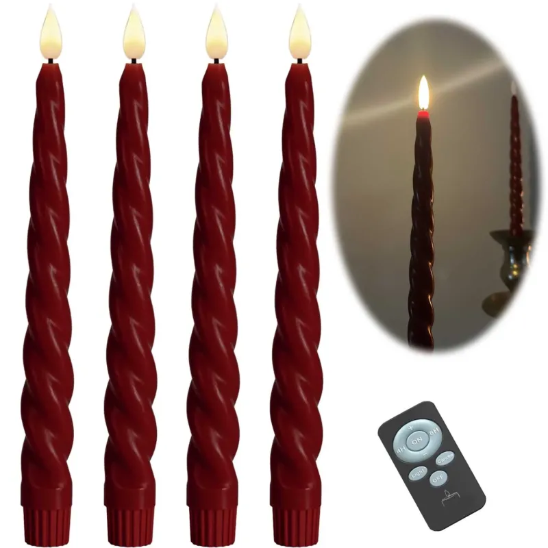 KI-generiertes Bild LED 3D Stabkerzen Ribe 4´er Set Rot gedreht 26cm Timer Fernbedienung flackernde Kerze