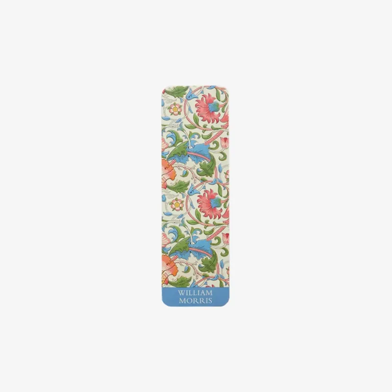 A William Morris bookmark featuring a detailed floral and bird pattern in red, blue, green, and yellow on a cream background, with a blue band at the bottom reading 'WILLIAM MORRIS'.