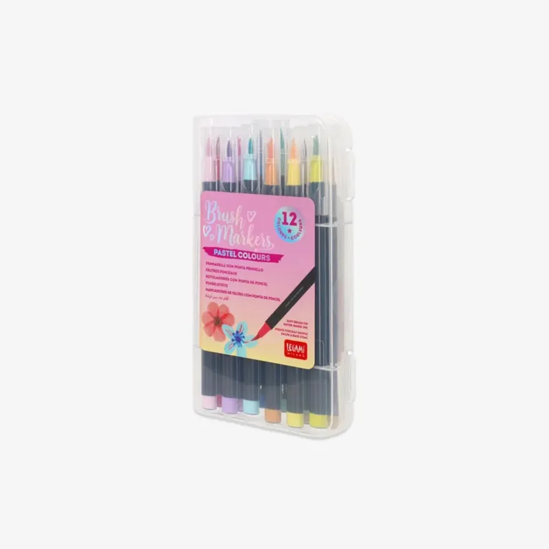 Set of 12 pastel-colored brush markers in a clear plastic case on a white background