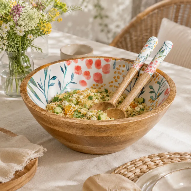 Mangoholz Schale mit Emaille-Muster für Salate & Dekoration - Blumenmuster