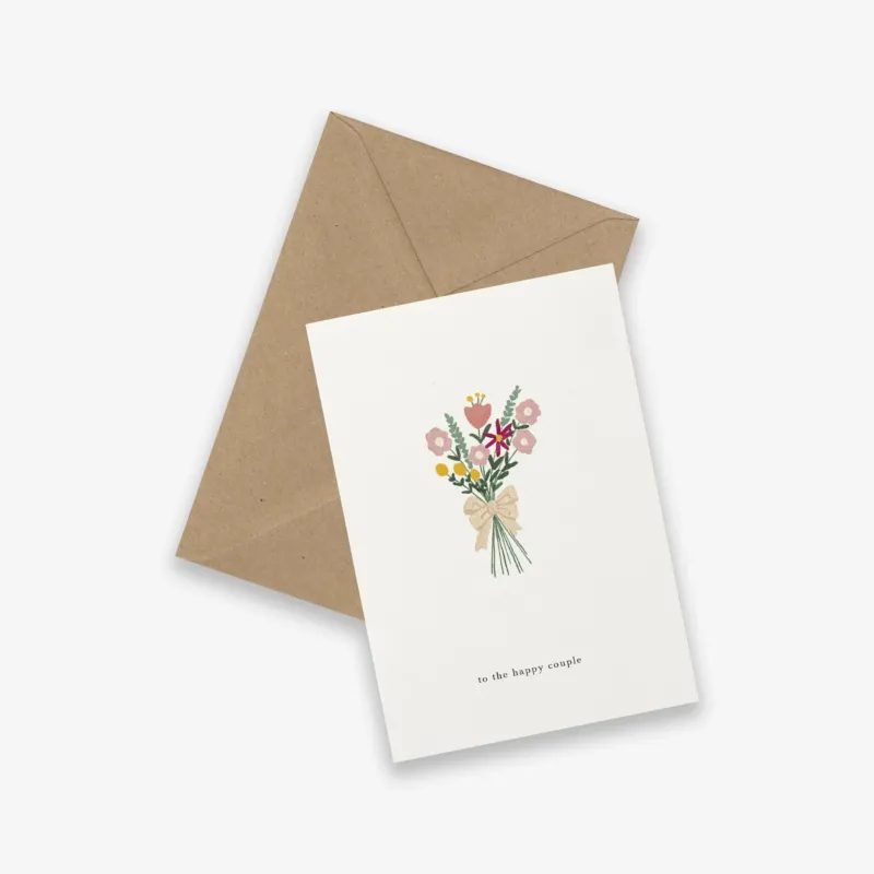 Greeting card with floral design and brown envelope on white background