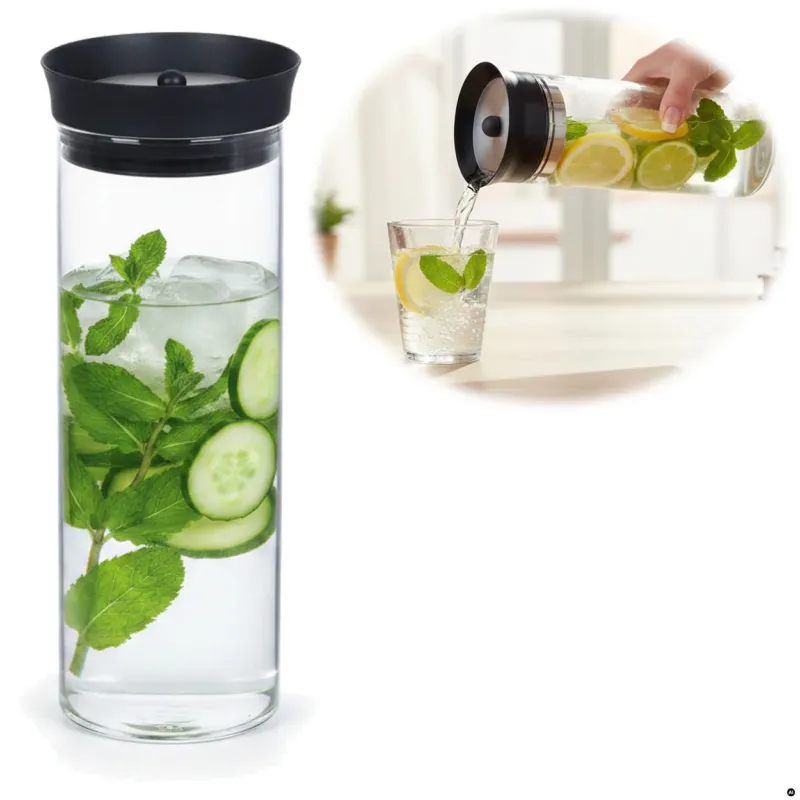 KI-generiertes Bild Glaskaraffe Wasserkaraffe 1L Borosilikat Glas Flasche Deckel Sieb Krug Flasche