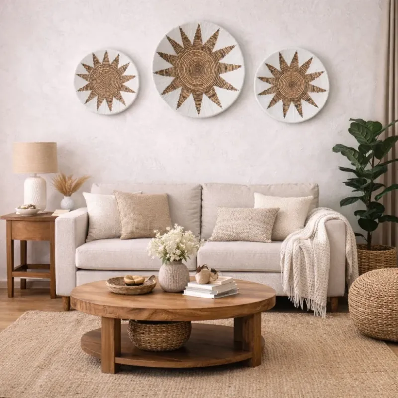 3-tlg. Wanddeko-Set SOLEIL rund 50cm natur Bast Boho Dekoration