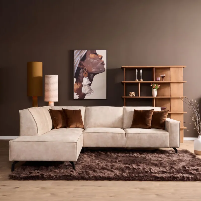Ecksofa – Beiger Samt, Linke Ottomane, Moderne Linien, 285 cm - Floris | Starfurn