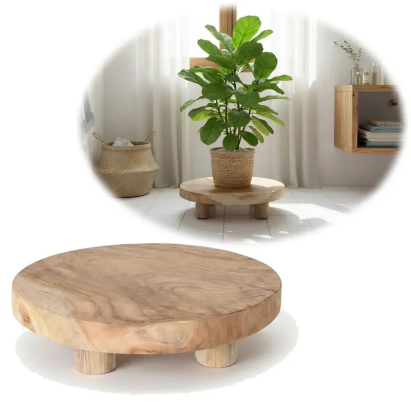 KI-generiertes Bild Pflanzenhocker Teak Holz XL 30x8cm Rund Mini Tisch Deko Tablett Blumenständer