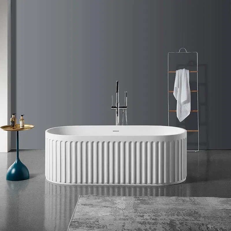 67" Solid Surface Stone Resin Nordic Modern Oval Shaped Freestanding Soaking Bathtub with Fluted