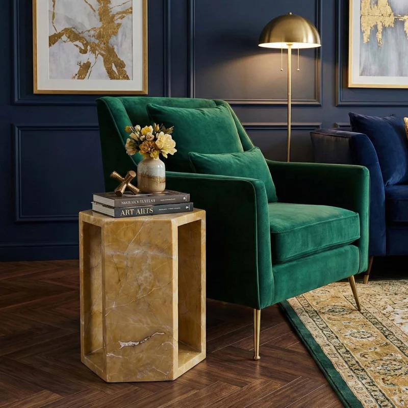 Modern Nature Marble Gold Nightstand Side Table with Irregular Texture for Living Room, Bathroom & Outdoor Side