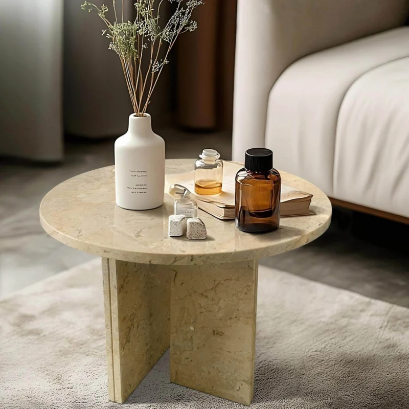 18" Modern Round Beige Natural Marble Side Table for Bathroom and Livingroom