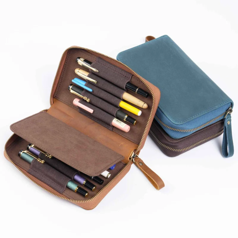 Leather Pen Case with 10 Slots – Full-Zip Fountain Pen Storage Pouch