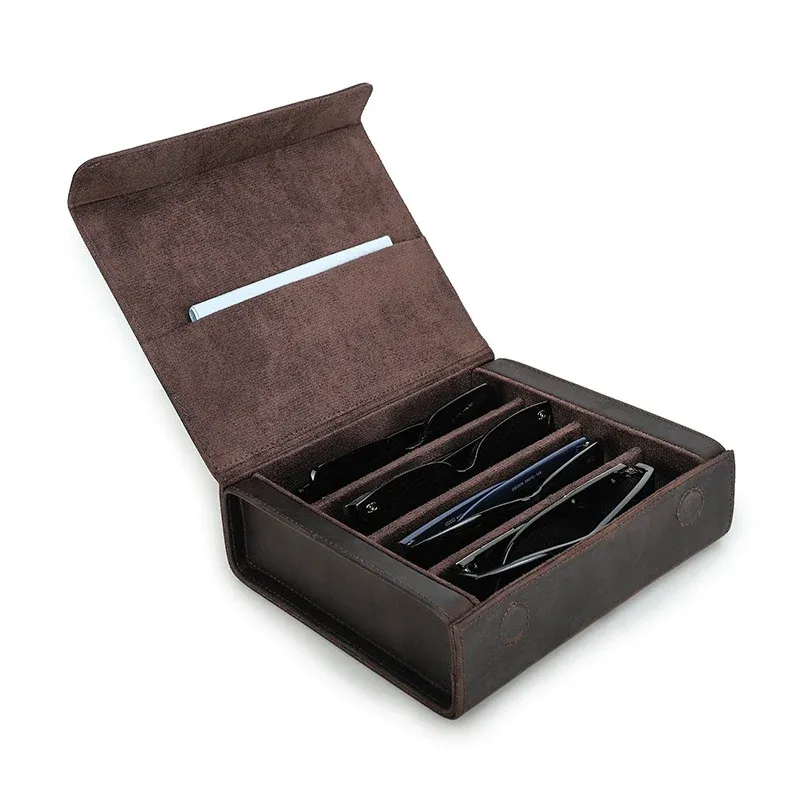 4-Slot Vintage Crazy Horse Leather Glasses Case – Handcrafted Eyewear Storage Box