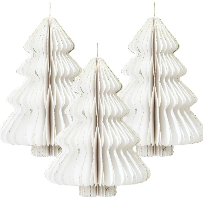 KI-generiertes Bild 3x Papier Tannenbaum Weiß - goldener Rand - 8cm Deko-Anhänger Weihnachten Baumschmuck