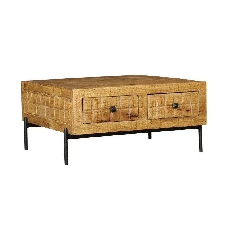 Couchtisch - Mangoholz Gestreift, Blockmuster Design, Vier Schubladen, 80 cm – Brandy | Starfurn