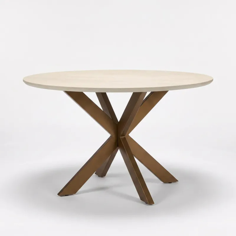 Esszimmertisch - Runde Form, Sandfarbenes Mangoholz, Bronzefarbenes Metallgestell, 130 cm – Madison | Starfurn