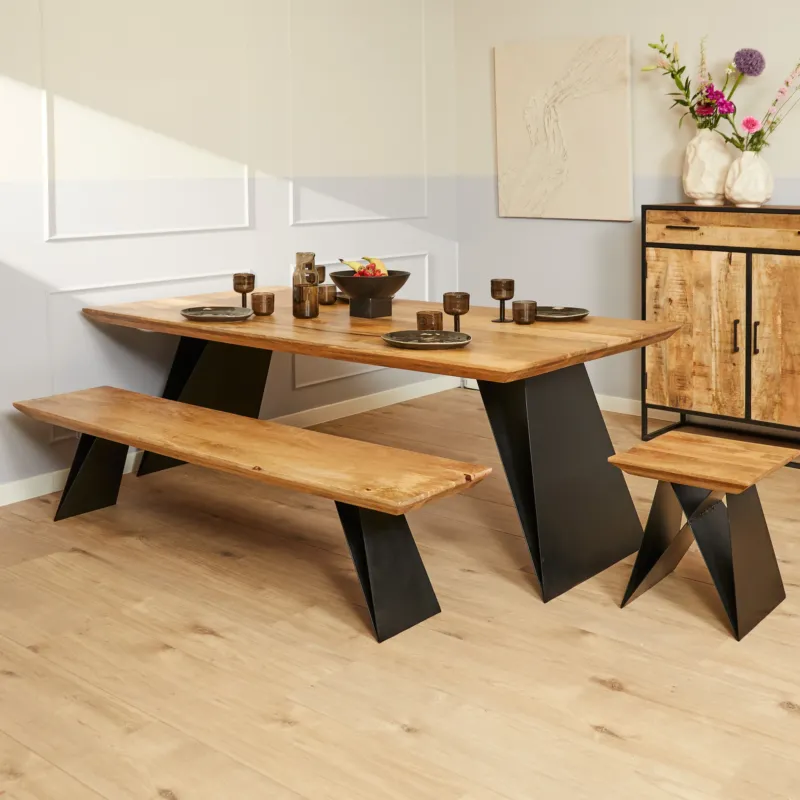 Esszimmertisch - Mangoholz Natur, Metall Schwarz, Rechteck Form, 200 cm – Extense | Starfurn