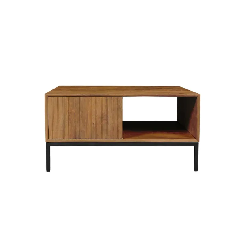 Couchtisch - Naturfarbenes Mangoholz, Vertikale Lamellenfront, Offenes Fach, 80 cm – Madison | Starfurn