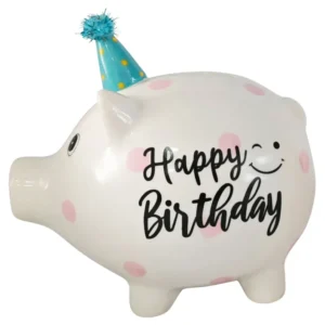 KI-generiertes Bild Keramik Sparschwein Blau Schwein 14x11cm Happy Birthday mit Partyhut Spardose