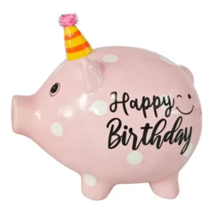 KI-generiertes Bild Keramik Sparschwein Rosa Schwein 14x11cm Happy Birthday mit Partyhut Spardose