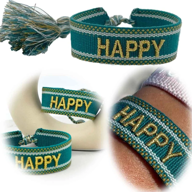KI-generiertes Bild Canvas Statement Armband Happy Petrol Grün Gold Quasten besticktes Webarmband
