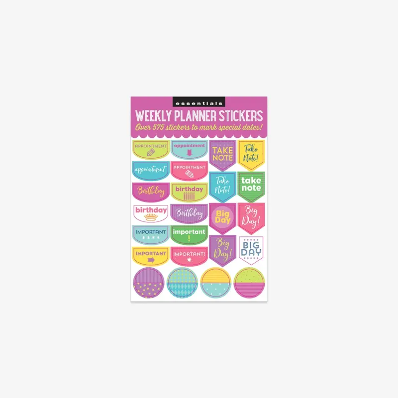 Packaging of weekly planner stickers with colorful labels on a white background