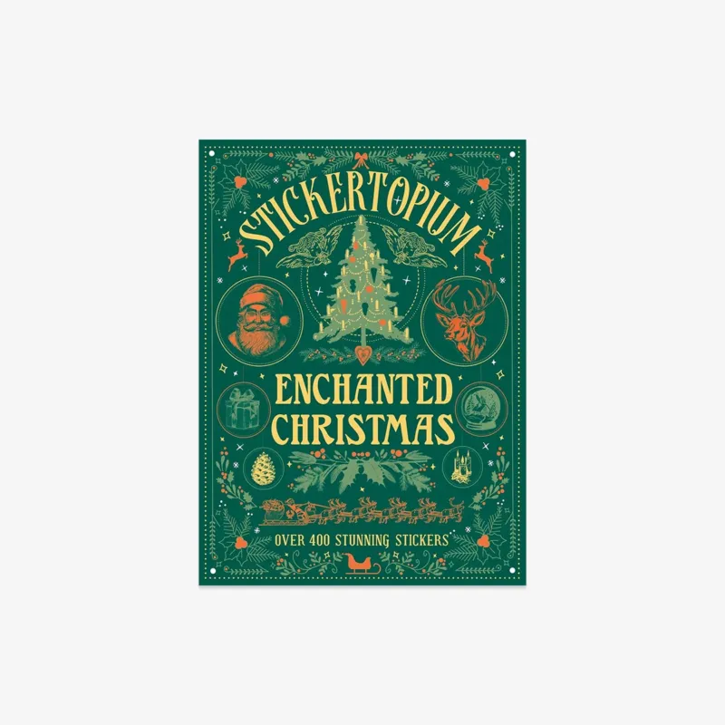 Sticker book cover titled 'Enchanted Christmas' by Stickertopium with festive illustrations on a green background.