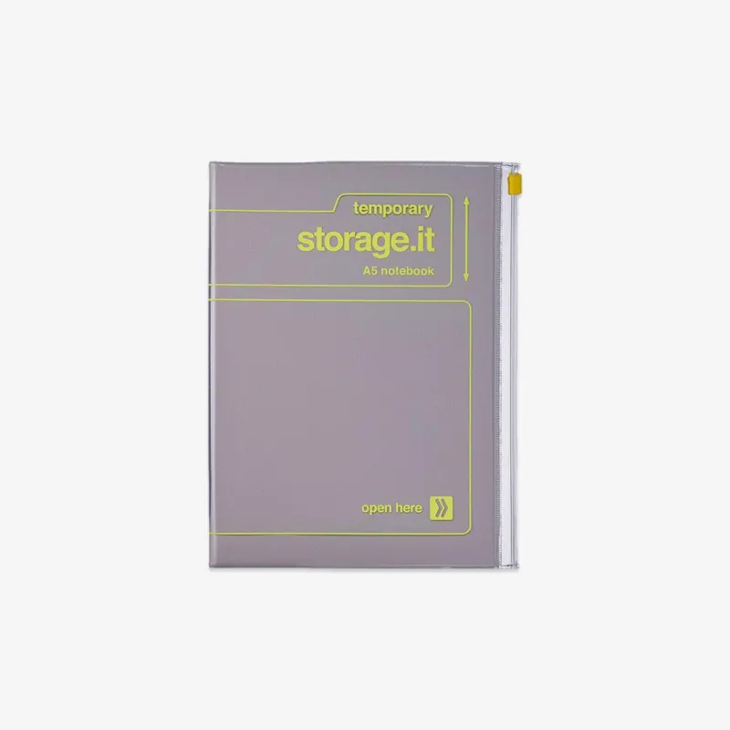 Gray A5 notebook with yellow text on a white background