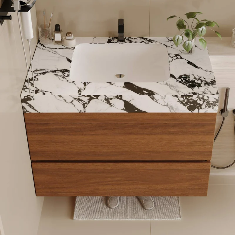 Top Down View 30 inch Ceramic Sink Undermount Faux Marble Top