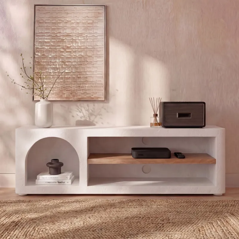Ambiance meuble tv Fira plâtre blanc cassé acacia intérieur style grec