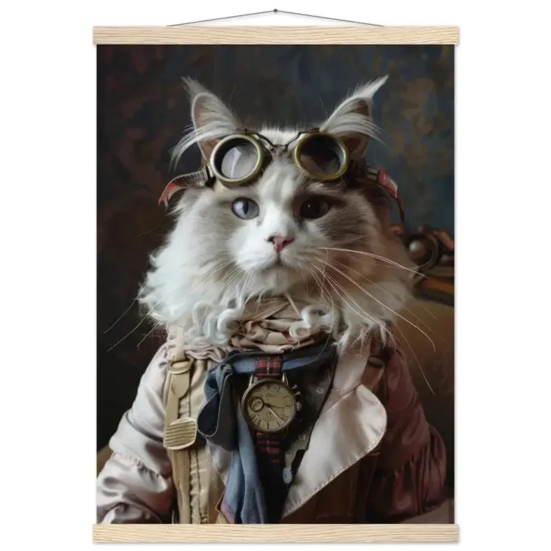 Schoolposter - LaPerm Katze, Steampunk-Outfit, mattes Papier, Magnet-Holzleisten | St Tropez Art