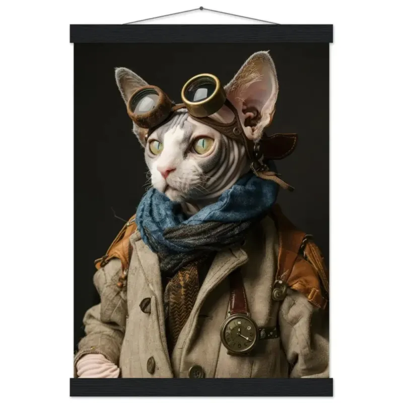 Schulposter - Steampunk-Vintage Cornish-Rex Katzenmotiv, mattes FSC-Papier, magnetische Holzleisten | St Tropez Art