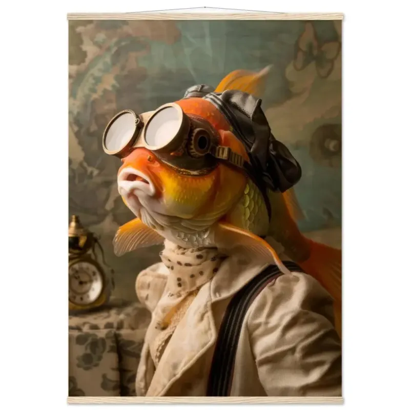 Schoolposter - Goldfisch, cremefarbener Mantel, Brokatmuster, goldene Taschenuhr | St Tropez Art