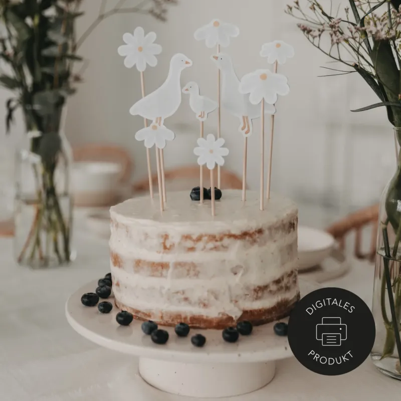 DIY Cake Topper Gänsefamilie mit Gänseblümchen – Digitale Partydeko zum Ausdrucken von Eulenschnitt.