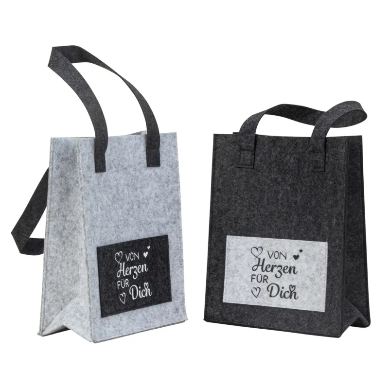 2er Set Geschenktasche von Herzen Filz Grau modern 26 cm Geschenktüte Geschenkverpackung
