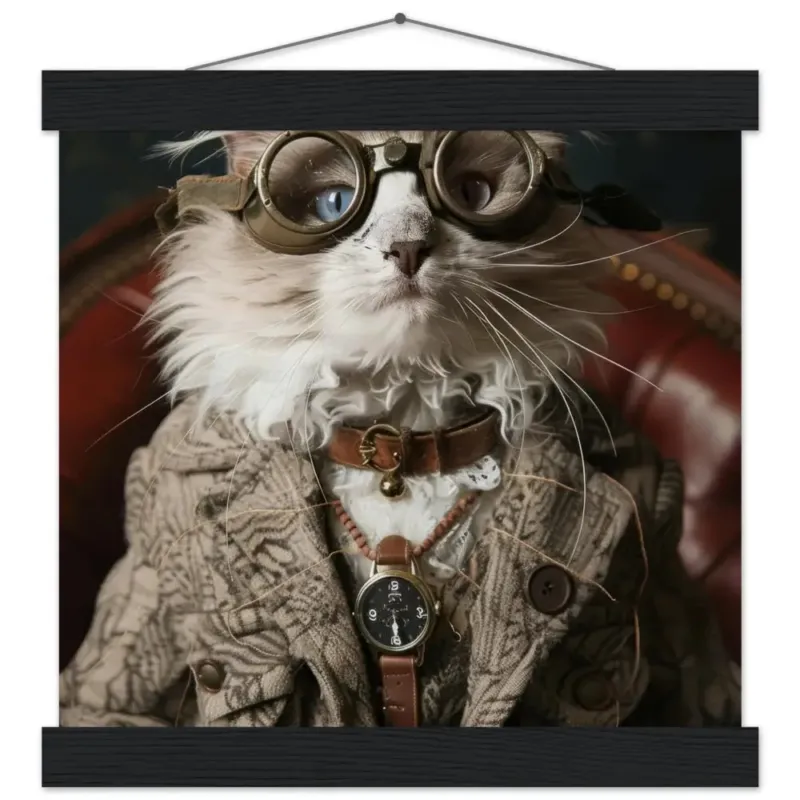 Schulposter - Steampunk-Vintage LaPerm Katzenmotiv, mattes FSC-Papier, magnetische Holzleisten | St Tropez Art