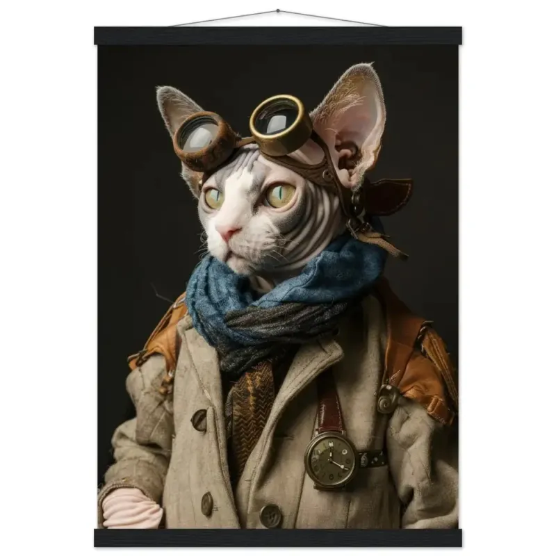 Schulposter Männlicher Cornish-Rex-Kater, Steampunk-Stil, antike bronzefarbene Uhr, robuste Brille | St Tropez Art