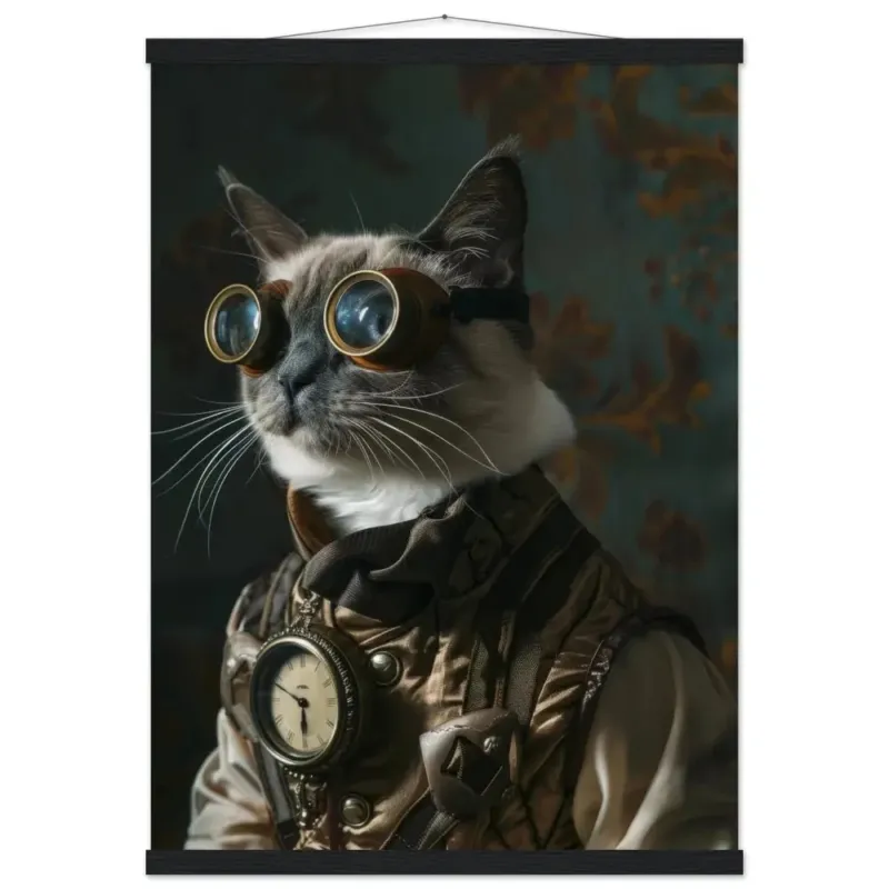 Schoolposter - Tonkinese Katze, Steampunk-Outfit, mattes Papier, Magnet-Holzleisten | St Tropez Art