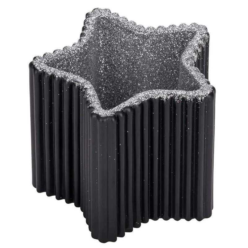 Teelichthalter Stern Glas schwarz silber glitzernd