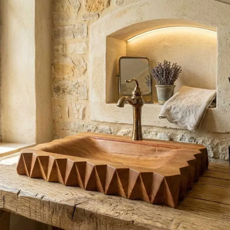 Luxury Hand-Carved IROKO Wooden Vessel Sink
