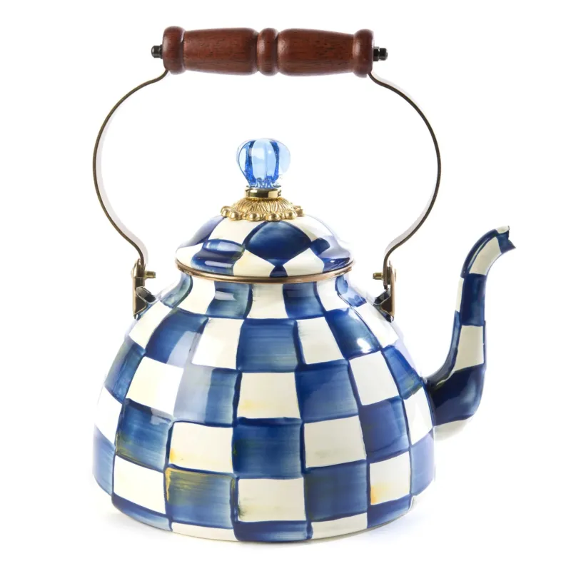 Royal Check Blue Enamel Tea Kettle by Mackenzie-Childs 2.84L - |VESIMI Design| Luxury and Rustic bathrooms online